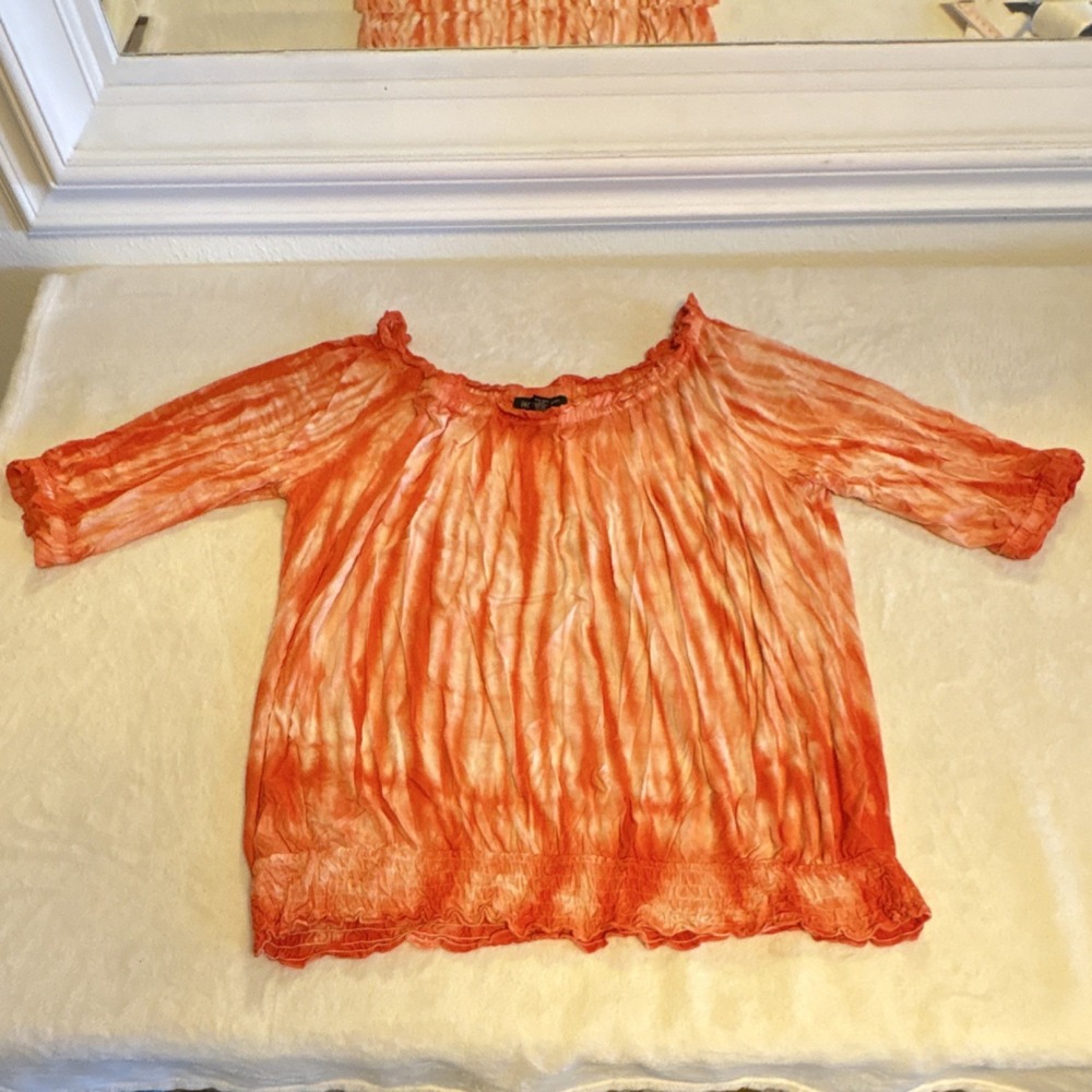 INC International Concepts Orange Vintage Tie Dye Ruffle Blouse 3/4‎ Sleeve 2X